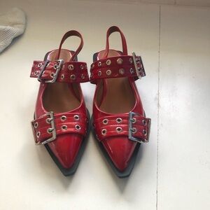 Red Women's Buckle Strap Shoes